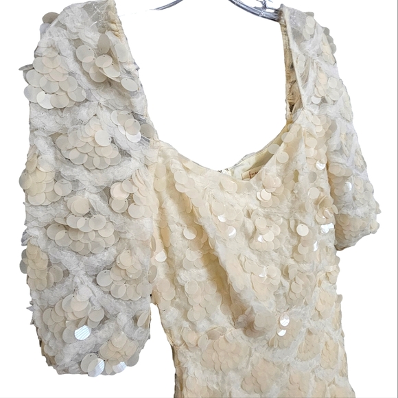 Nwt Fanco Off Shoulder Creme Lace Mesh Sequin Short Sleeve Square Neck  Dress - Picture 7 of 17